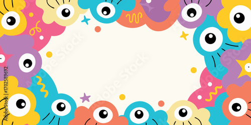 Whimsical and colorful cartoon monster border with big eyes and playful shapes on a cream background