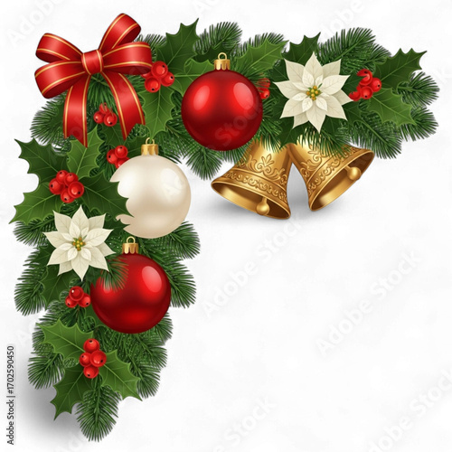 Christmas corner decoration with ornaments and bells isolated on transparent background