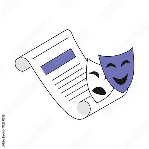 Vector art of theater masks and script icon, representing drama and performance art