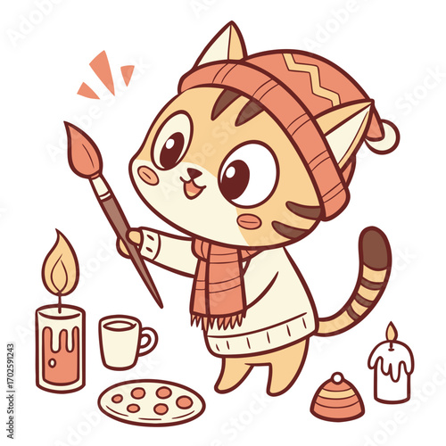 SVG art: A Excited Bengal Cat in a Christmas vibe with holding a paintbrush, tinted with Warm Cozy tones