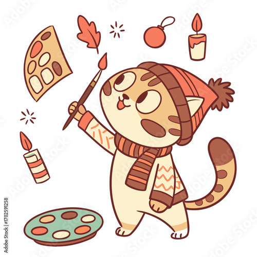 SVG art: A Excited Bengal Cat in a Christmas vibe with holding a paintbrush, tinted with Warm Cozy tones