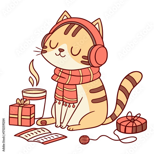 Cute Shy Bengal Cat, accessorized with wearing headphones, in a Christmas world – Warm Cozy palette vector