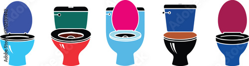  a vibrant collection of colorful toilet illustrations, each with a unique design and color scheme, showcasing a playful and modern take on a common household fixture