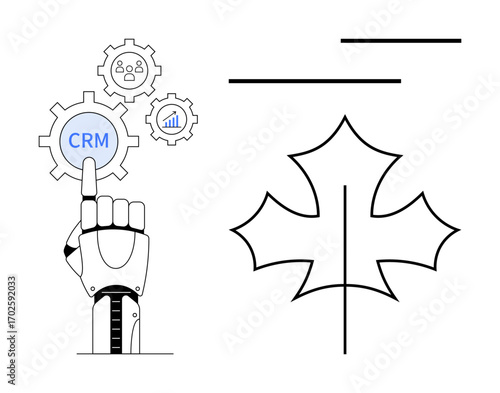 Robotic hand interacts with CRM gear, connected icons of people and analytics. Maple leaf symbolizes Canada or growth. Ideal for automation, technology, business, AI, innovation, CRM globalization