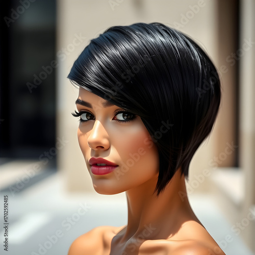 A woman with short black hair and red lipstick