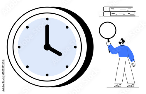 Large clock, man with magnifying glass, and book stack emphasize focus, productivity, and organization. Ideal for education, time management, workplace, research productivity planning simple