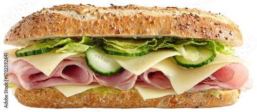 A ham and cheese baguette sandwich, layered with fresh vegetables