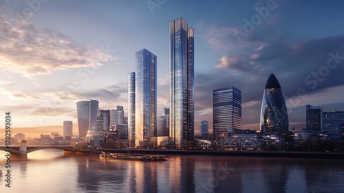 Scenic futuristic city skyline with glowing tall skyscrapers at dusk picture