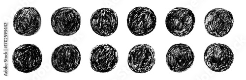 Black round shapes set with chalk, charcoal texture. Hand drawn scribble wax crayons circles. Doodle grunge design elements set. Vector illustration isolated on transparent background