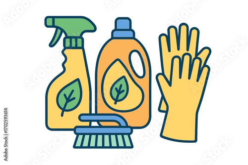 Cleaning supplies with eco-friendly labels and yellow gloves Eco-Friendly Cleaning