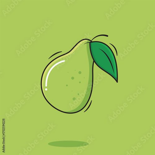 Vector whole Fresh Pear Fruit Icon With Leaf Cartoon Style On Green Background Vector Illustration