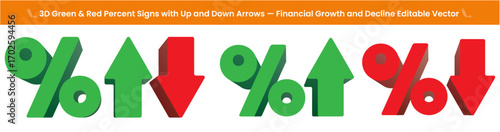 3D Green & Red Percent Signs with Up and Down Arrows — Financial Growth and Decline Vector