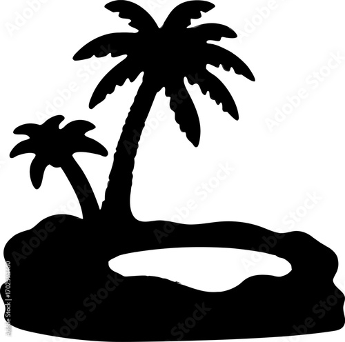 Desert Oasis Silhouette, Minimalist Oasis Vector Illustration, Scenic Desert Landscape, Palm Trees and Water Vector, Tranquil Desert Scene Illustration