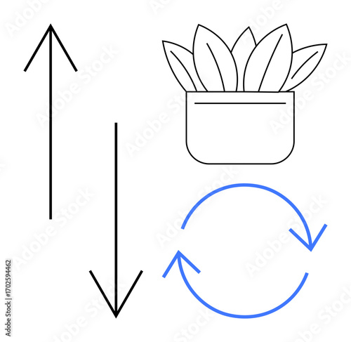 Up and down arrows, a blue recycling loop, and a potted leafy plant symbolize sustainability, renewal, and growth. Ideal for ecology, business, recycling, circular economy progress nature growth