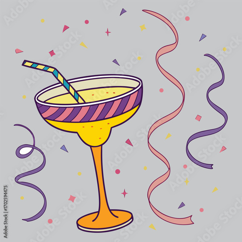 Vibrant and refreshing cocktail illustration with colorful garnishes and ice cubes