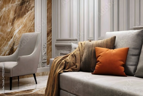 Beautiful Apartment, Sofa, Chair, Dining Table wall Mockup Interior design of modern living room