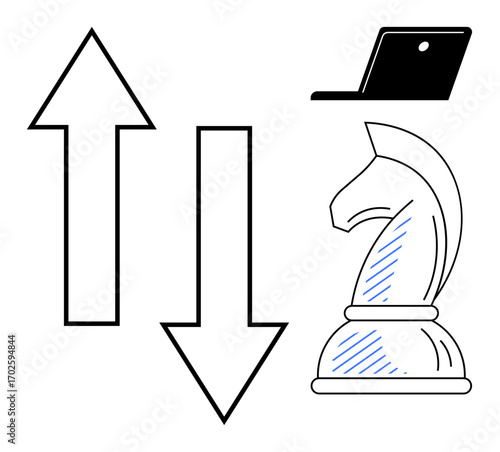Chess knight beside upward and downward arrows and a laptop highlights strategy, decision-making, growth, decline, planning, leadership, and technology. Ideal for business, guidance choices