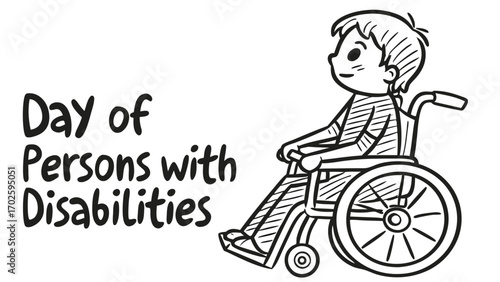 Cartoon child in wheelchair with text Day of Persons with Disabilities accessibility assistance