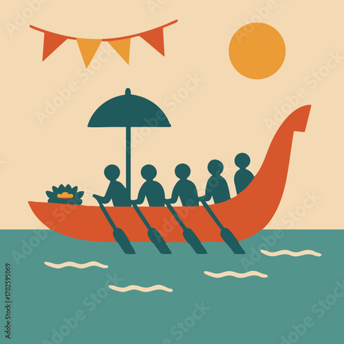A vibrant cultural tableau illustrating a traditional longboat filled with rowers, gracefully navigating serene waters beneath festive banners, symbolizing community spirit and ancient traditions