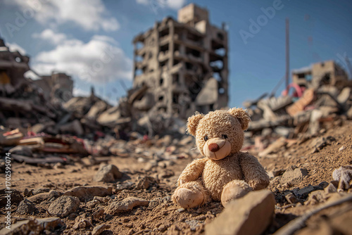 A lone teddy bear sits amidst the ruins of a war-torn building, symbolizing loss and resilience