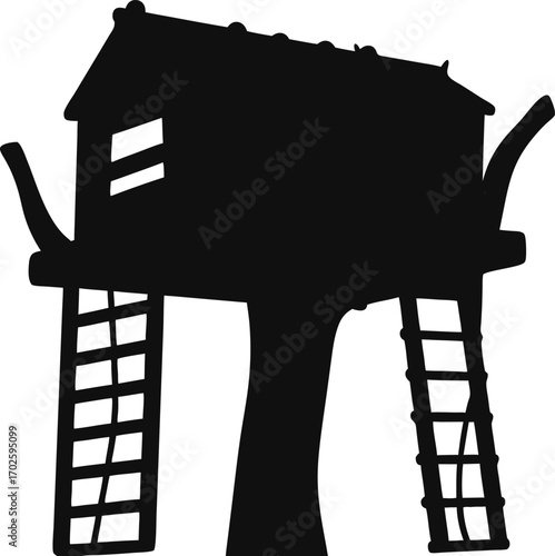Floating Treehouse with Hanging Ladders Silhouette, Whimsical Tree Home Vector Illustration, Minimalist Floating Treehouse, Fantasy Nature Treehouse Icon, Cozy Elevated Cabin Vector
