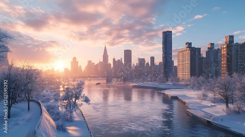 Scenic snowy path leading to chicago skyline with glowing buildings picture