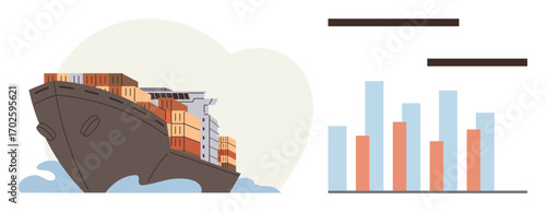 Cargo ship loaded with containers on the sea paired with a bar chart showing statistical data analysis. Ideal for trade, logistics, market research, globalization, shipping, economy, analytics. A