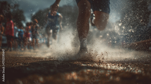 A dynamic shot of runners competing in a race, with a close-up view of their legs churning through the mud and dust