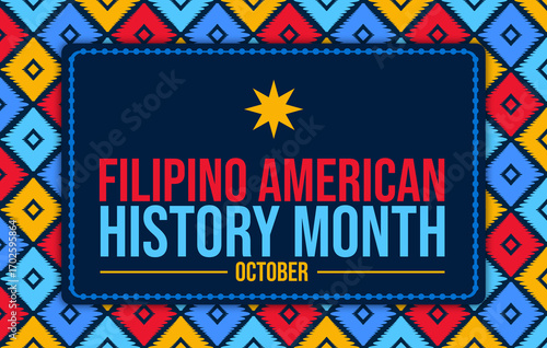 Filipino American History Month poster with blue background and decorative border