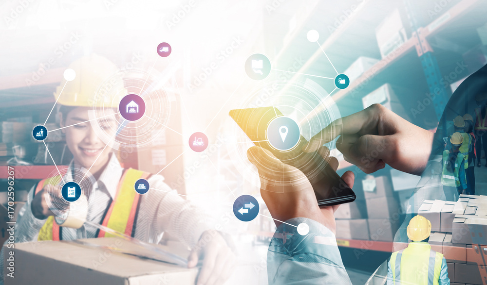 Fototapeta premium Smart warehouse management system with innovative internet of things technology to identify package picking and delivery . Future concept of supply chain and logistic network business .