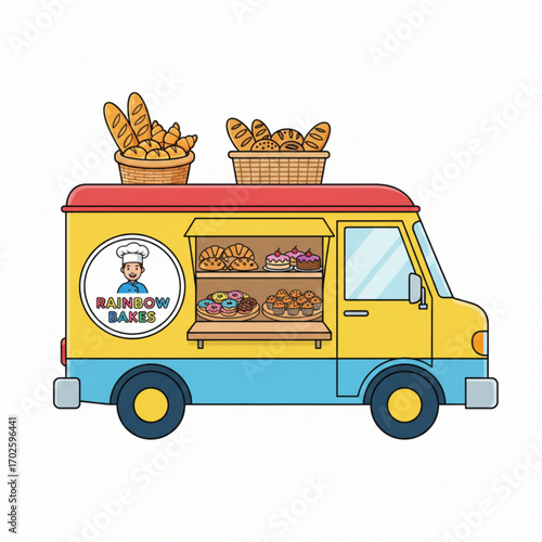 This is a colorful illustration of a Rainbow Bakes food truck.