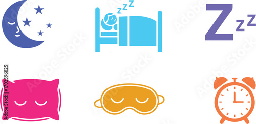  sleep and bedtime icons moon with stars, person sleeping in bed, zzz letters, pillow, eye mask, and alarm clock, representing rest, dreams, and relaxation