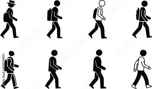Illustration of a group of people walking in different styles includes a person with a hat, a person with a backpack, and a person in casual clothes, showcasing various walking styles