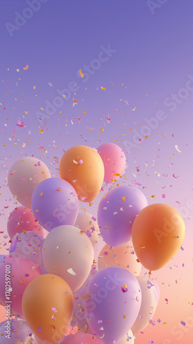 A group of colorful balloons floating in the sky, with confetti adding to the celebratory mood
