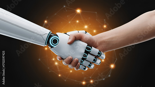 futuristic digital handshake hologram symbolizing business partnership, technology collaboration, online connection and teamwork in modern innovation and virtual agreement