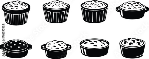  a set of souffle vector icons the icons are in black and white and show the souffle in different ramekins for use in graphics and designs related to food and dessert
