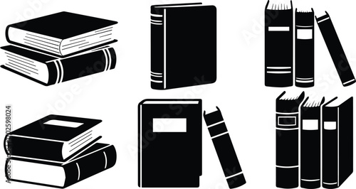  collection of book silhouettes, featuring various arrangements and orientations, ideal for designs related to education, literature, library, and reading