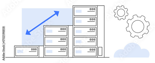 Server stacks increasing in size with a growth arrow, gears symbolizing optimization, and a cloud icon. Ideal for technology, scalability, data storage, innovation, cloud computing, system