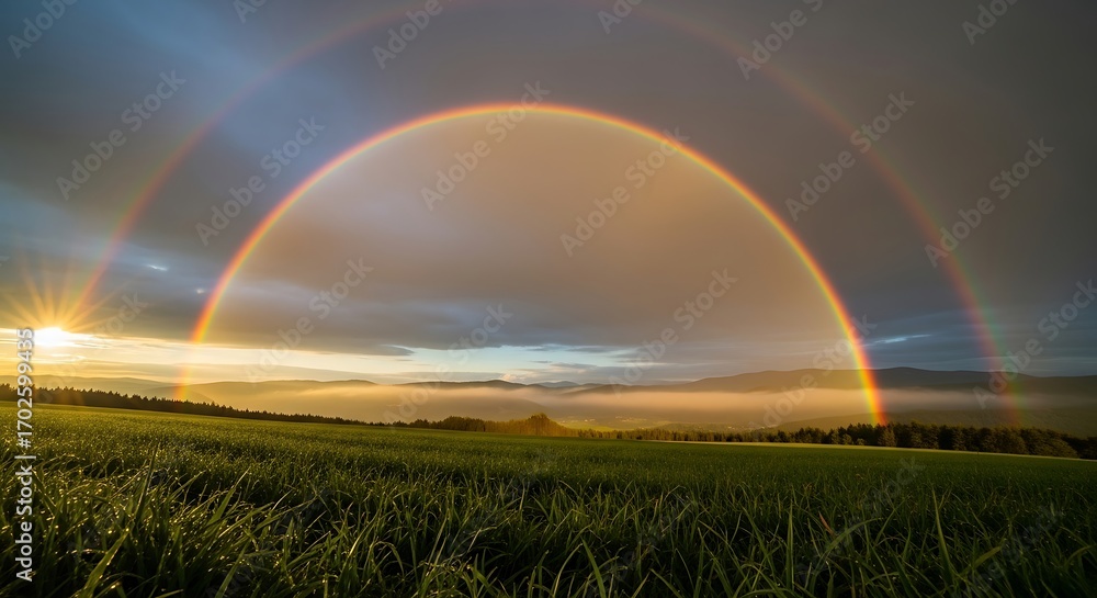 Obraz premium A breathtaking double rainbow arches over a dewy field at sunrise, illuminating the landscape with vibrant colors.
