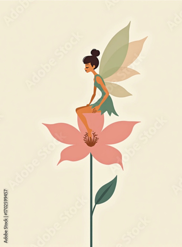 Whimsical Bloom: A delicate fairy rests serenely on a vibrant flower, showcasing her gossamer wings and serene countenance, symbolizing nature's delicate beauty.