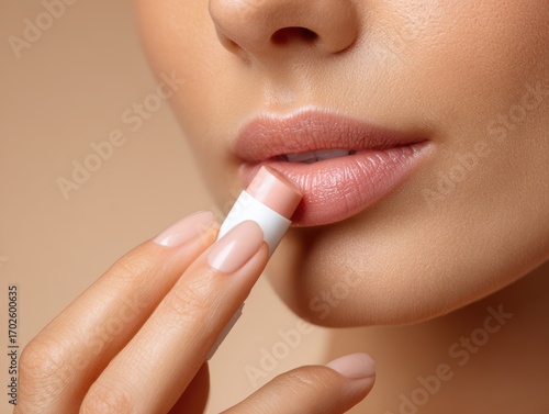 Close-up of a woman's lips applying colorless lip balm with detailed skin texture