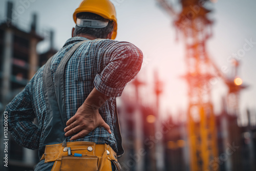Construction worker suffering from back pain on a construction site, showcasing the challenges of manual labor