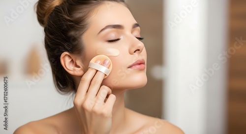 Young woman applying face powder with a puff.