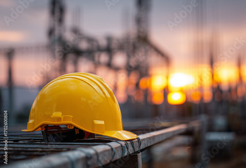 A yellow hardhat rests atop metal rebar, the silhouette of an industrial structure set against a dramatic sunset sky.