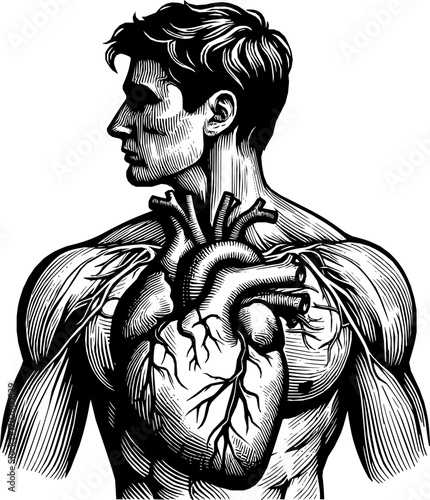 Black and white vector of a human heart in clean line art style, anatomically accurate, isolated on white background, scalable illustration