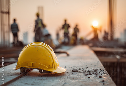 Construction site with a yellow safety helmet resting on a concrete slab with silhouetted workers in the background during a beautiful sunset.