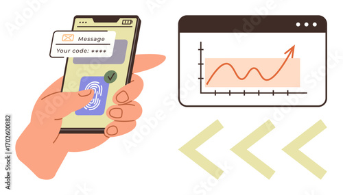 Hand using fingerprint scanner on smartphone with password notification, next to graph of upward trend. Ideal for security, technology, analytics, authentication, finance, success data. Simple flat