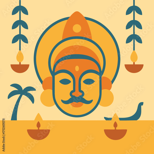 Vector illustration of King Mahabali face with snake boat and oil lamps for the Indian harvest festival of Onam in Kerala