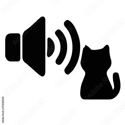 Conceptual icon of a cat listening to sound waves from a speaker, symbolizing pet audio, animal hearing sensitivity, or feline communication