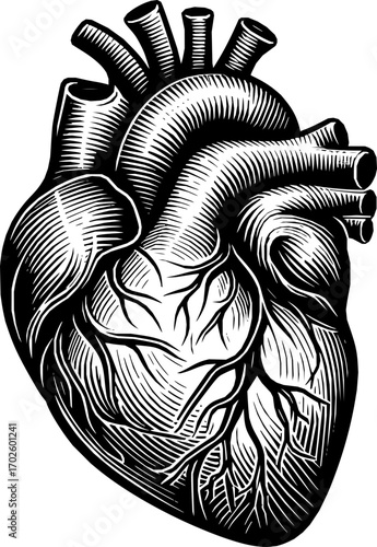 Black and white vector of a human heart in clean line art style, anatomically accurate, isolated on white background, scalable illustration